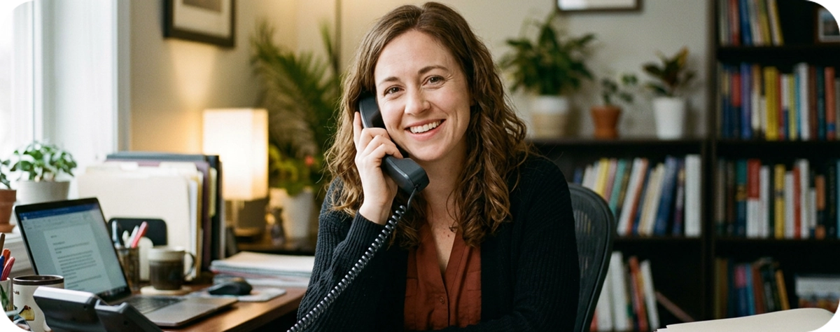A smiling clinic administrator on a phone call at a warm,
professional office desk with a laptop and bookshelves.