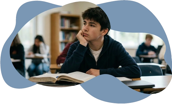 A teenage boy looking pensive in a high school classroom, representing the use of a teen
             psychoeducational assessment to unlock potential through a unique learning profile and school
             accommodations.