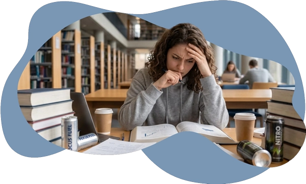 A stressed female university student studying in a library with coffee and energy drinks, representing
             the need for an updated psychoeducational assessment to secure post-secondary academic accommodations and
             OSAP disability funding.