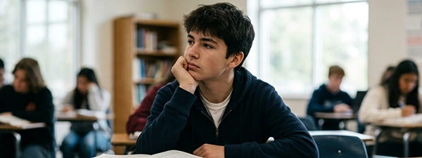A teenage boy looking thoughtful in a high school classroom, representing the
                                need for a teen diagnostic assessment to differentiate between ADHD, ASD, and learning
                                disabilities for better academic and personal support.