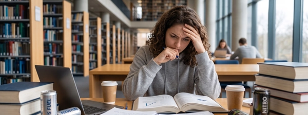 A frustrated college student studying in a university library, representing
                                the need for a psychoeducational assessment to secure academic accommodations and
                                professional recommendations for learning success.