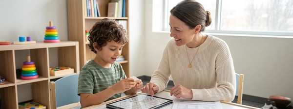 A young boy engaging in a play-based clinical testing session with a
                                psychologist, illustrating a child psychoeducational assessment to identify learning
                                needs and secure school support.