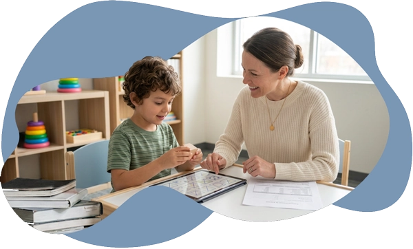 A young boy engaging in a play-based cognitive assessment with a friendly psychologist, illustrating
             child testing for learning differences, school accommodations, and mental health support.
