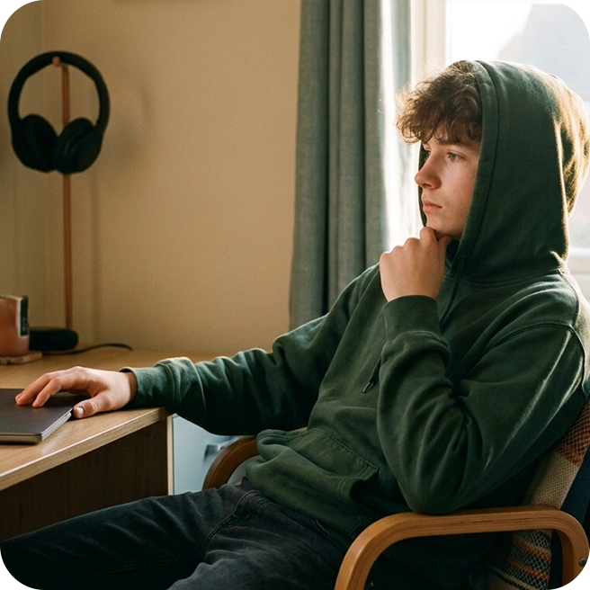A teenage boy in a green hoodie
is sitting and thinking at a desk in a bedroom with a laptop and over-the-ear headphones. This visual is often
related to the concept of psychological assessment for teens, like IEP testing, college accommodations, and
diagnosing mental health and learning challenges like ADHD