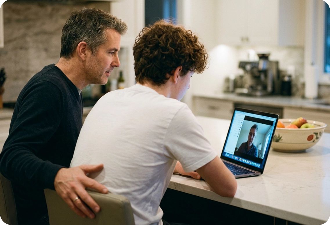 A father and teenage son participating in a secure video intake consultation for a psychoeducational
assessment on a laptop, discussing the teen's developmental history and school challenges.