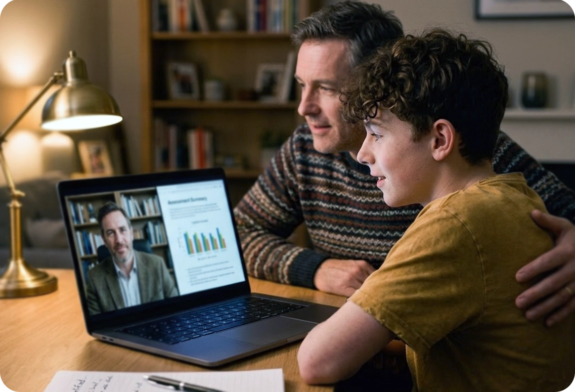 A father and teenage son participating in a virtual feedback session with a psychologist to review a
psychoeducational assessment report and academic roadmap for high school success.