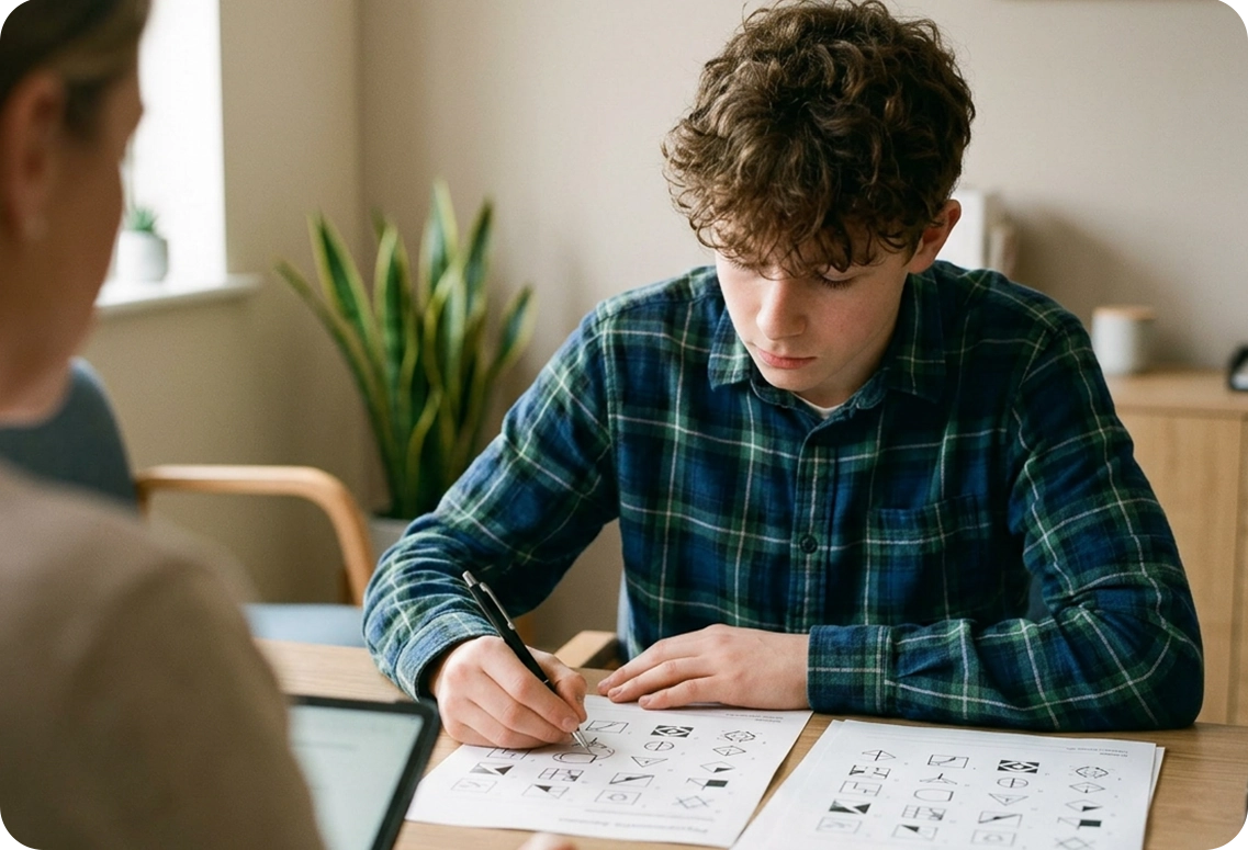 A teenage boy completing standardized cognitive testing with a psychometrist during a clinical
psychoeducational evaluation to identify learning styles and academic support needs.