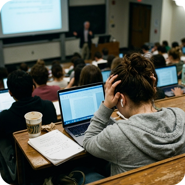 A stressed university student sitting in a crowded lecture hall with their head in their hands,
representing the need for a psychoeducational assessment to secure college accommodations and learning
disability support.