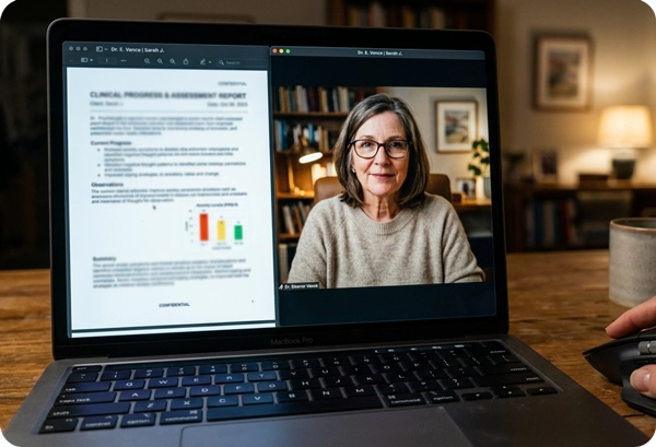 A psychologist conducting a virtual feedback session on a laptop screen, reviewing a clinical progress
and assessment report for a student’s post-secondary academic accommodations.
