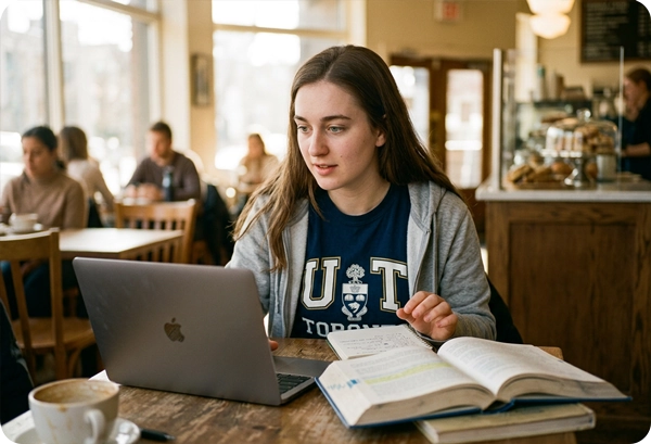 A University of Toronto student studying with a laptop and textbooks in a cafe, illustrating the need
for a psychoeducational assessment to access U of T accessibility services and ADHD accommodations.