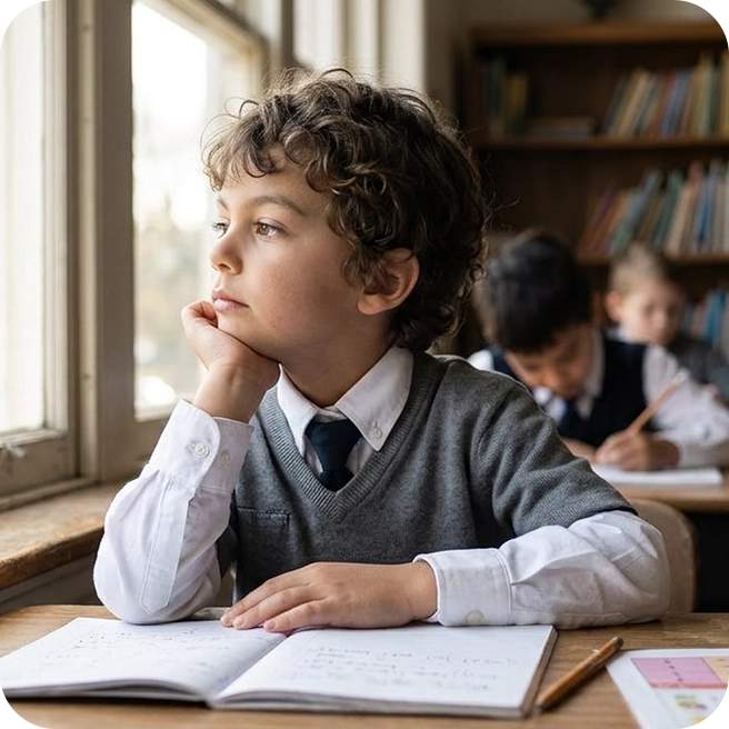 A young elementary student in a school uniform looking thoughtfully out a window during class,
representing the need for a psychoeducational assessment to identify learning disabilities, ADHD, or
giftedness in children.