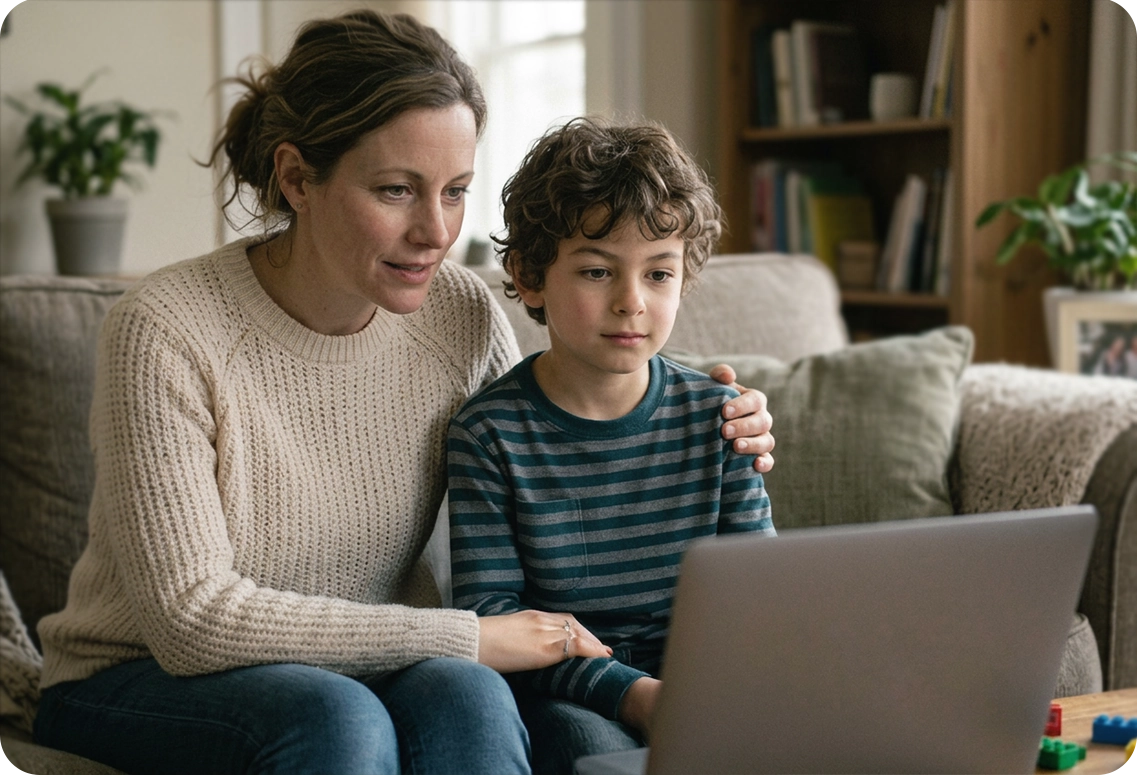 A mother and young son sitting on a sofa during a virtual intake interview on a laptop, meeting with a
psychologist to begin a child psychoeducational assessment for school support.