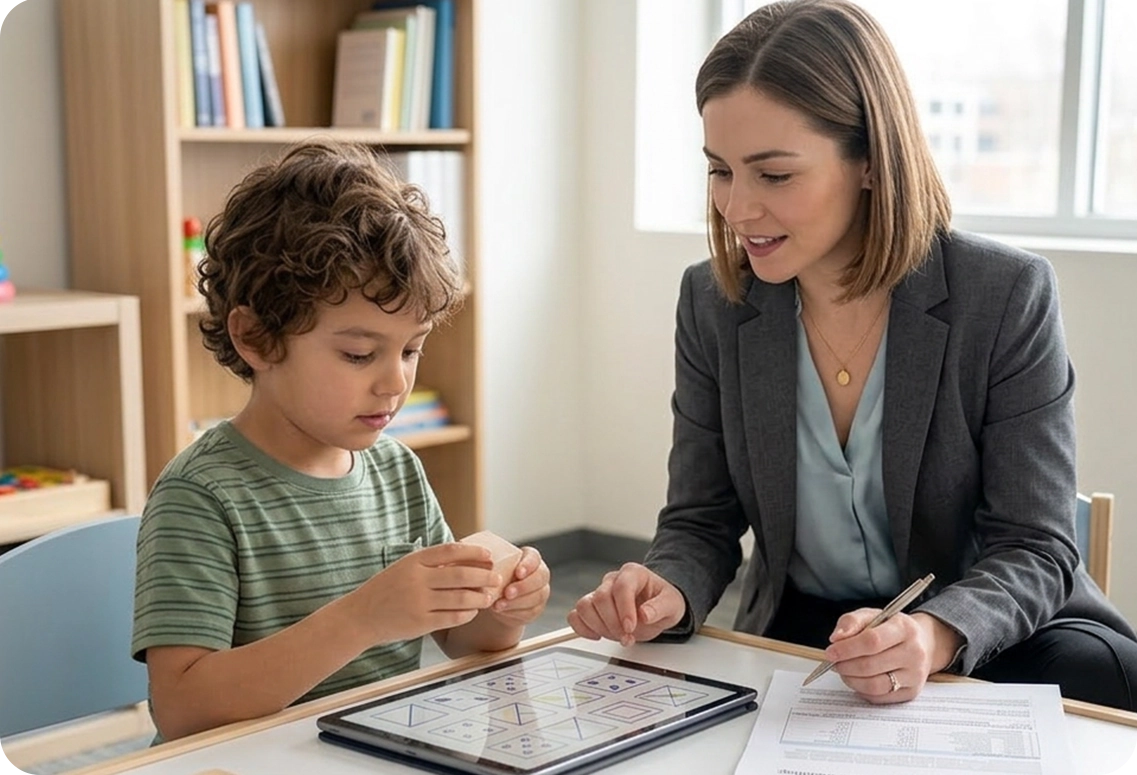 A young boy participating in a clinical testing session with a psychometrist using a tablet and blocks
to identify his unique learning profile and academic needs during a child psychoeducational assessment.