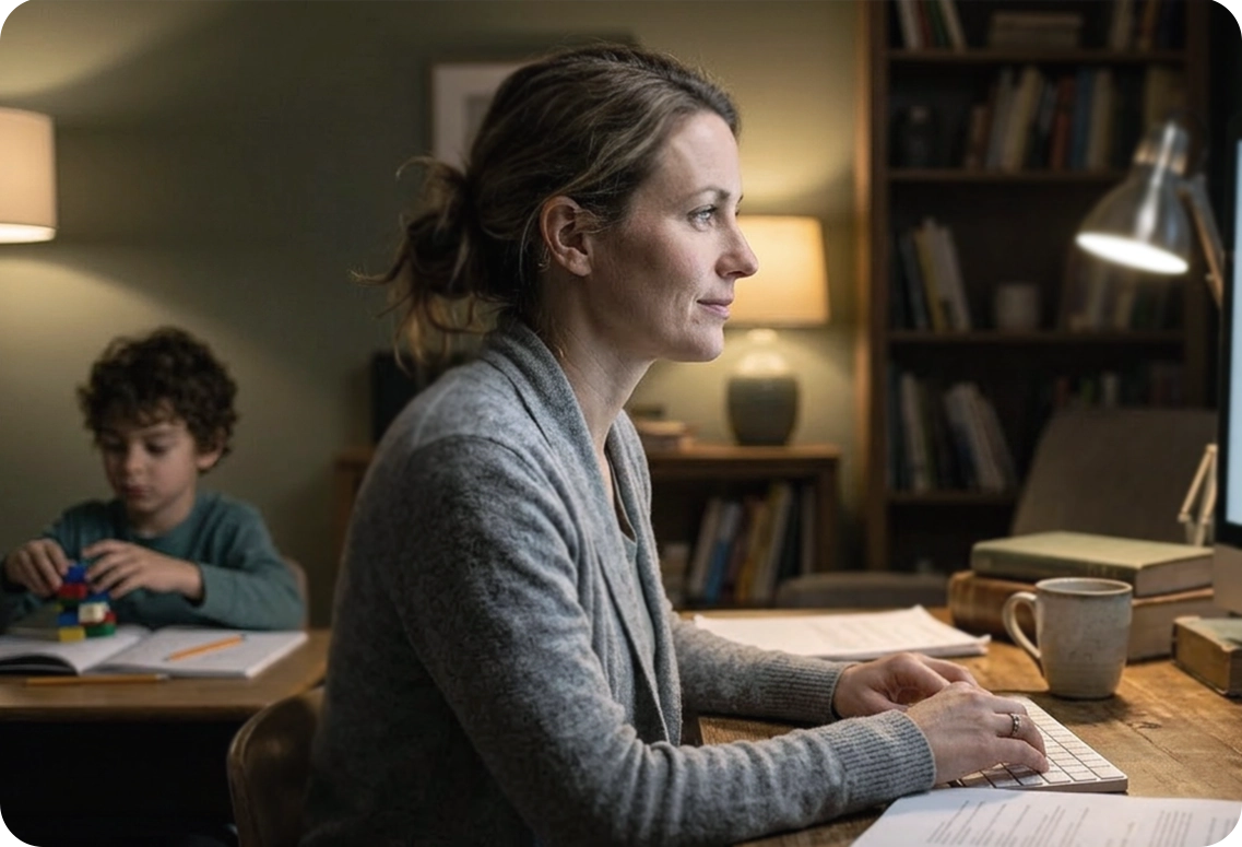A mother working on her laptop at a desk while her young son sits behind her at a kitchen table,
struggling with homework and blocks, representing the need for a psychoeducational assessment to support home
and school learning.
