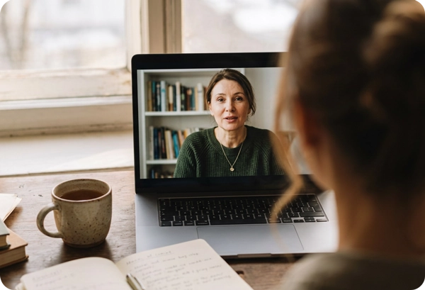 A woman looking at a laptop during a virtual clinical interview for an adult autism assessment, where a
psychologist evaluates social communication patterns and sensory processing history.