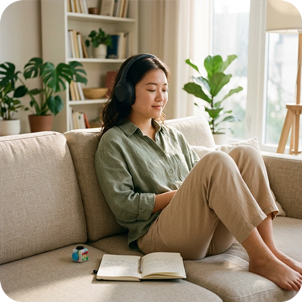 A neurodivergent Asian woman sitting on a sofa with noise-canceling headphones and a journal,
illustrating sensory regulation and the self-advocacy tools gained from an adult autism assessment.