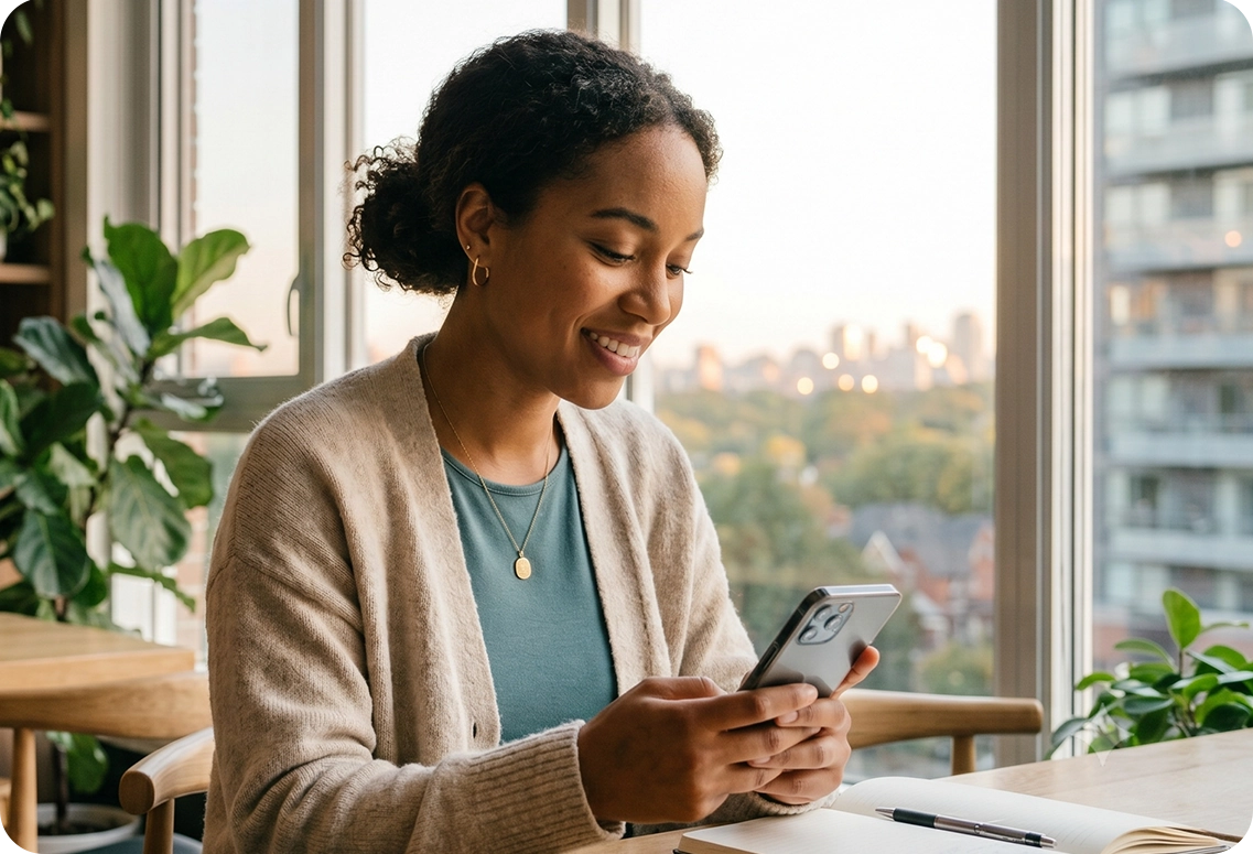 A smiling Black woman using her smartphone for a secure video intake consultation with a licensed
psychologist to discuss personal history and psychometric testing for a mental health assessment.