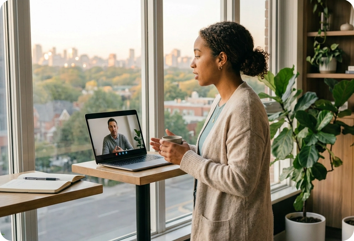 A woman standing at a desk participating in a virtual feedback session with a psychologist on a laptop
to review a comprehensive mental health report and discuss workplace accommodations.