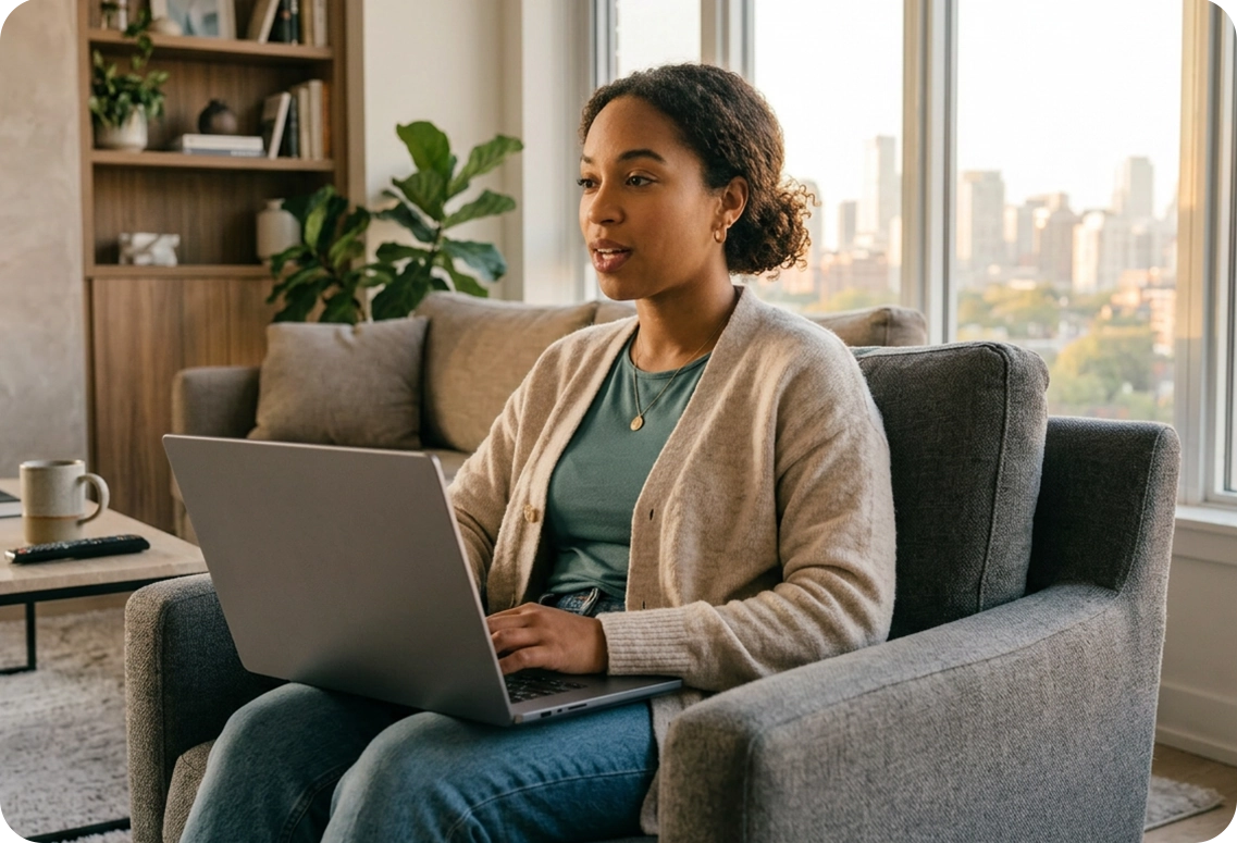 A Black woman using a laptop in a bright living room, participating in a mental health clinical
evaluation to measure cognitive patterns, personality traits, and emotional functioning with a
psychometrist.