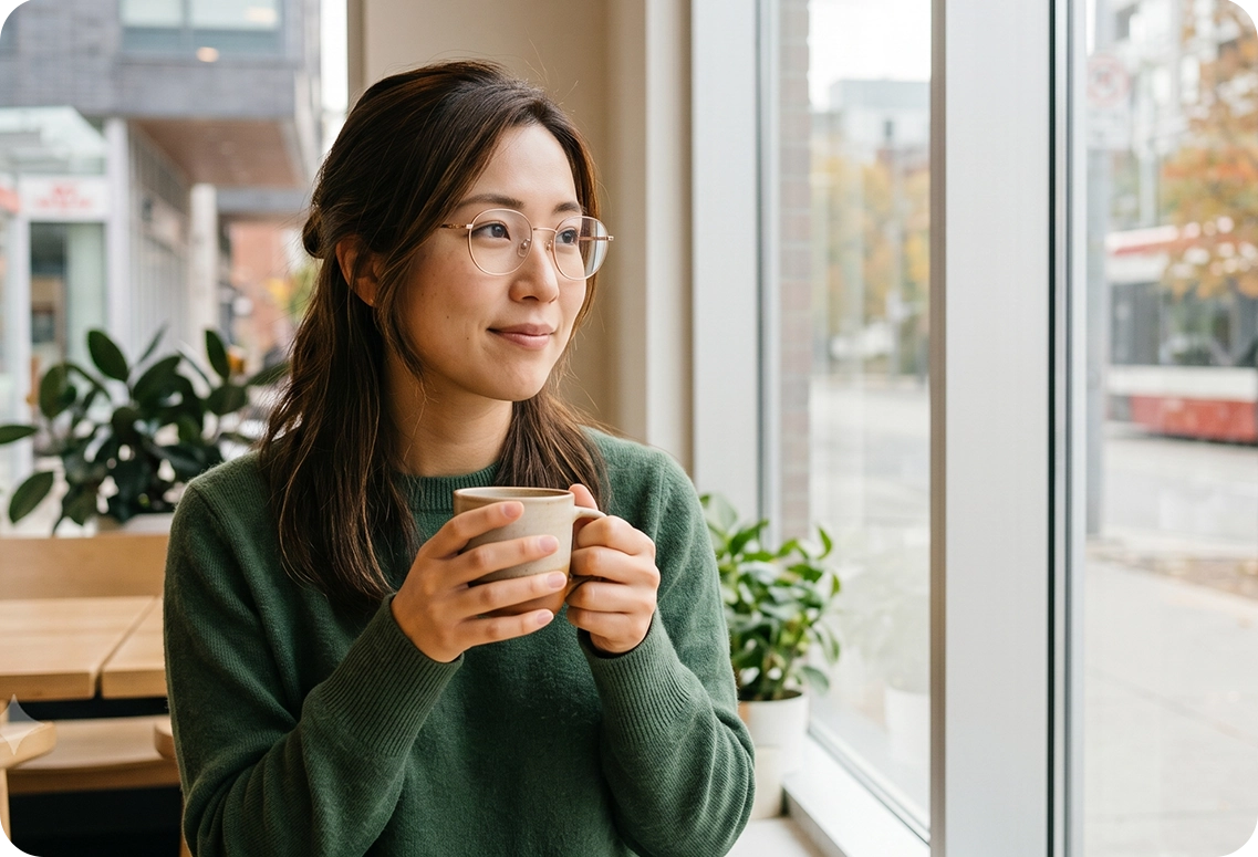 An Asian woman looking out a window while holding a coffee cup, illustrating the relief and clarity
provided by a mental health assessment for workplace modifications, emotional regulation, and stress
management.