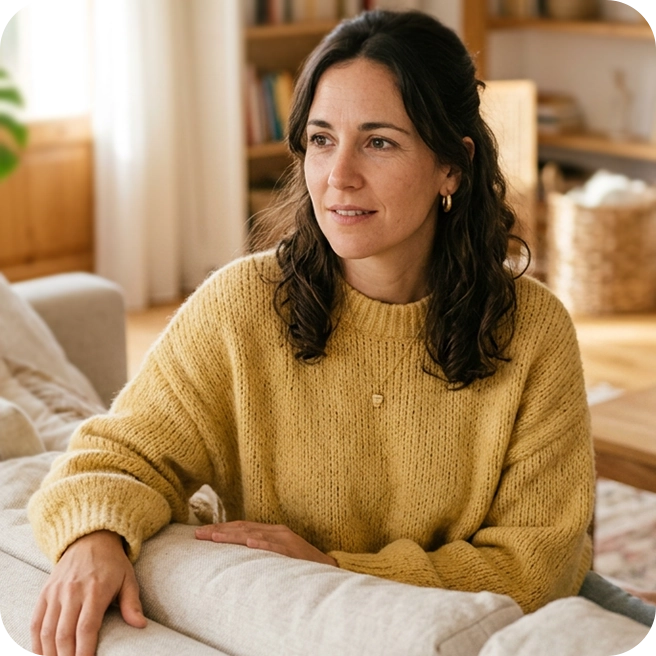 A woman sitting on a sofa in a warm, comfortable home environment, reflecting on her journey toward
           healing and personal growth through psychotherapy and coping strategies for anxiety and depression.