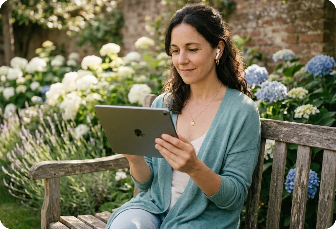 A woman sitting on a garden bench using a tablet and AirPods for a private intake session, illustrating
           a secure video call for virtual psychotherapy and finding the right therapeutic approach.
