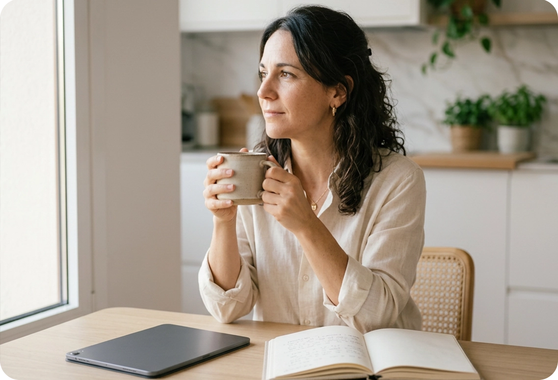 A woman sitting at a kitchen table with a coffee and an open journal, reflecting on her sustainable
           growth, resilience, and the psychological tools gained through long-term psychotherapy.