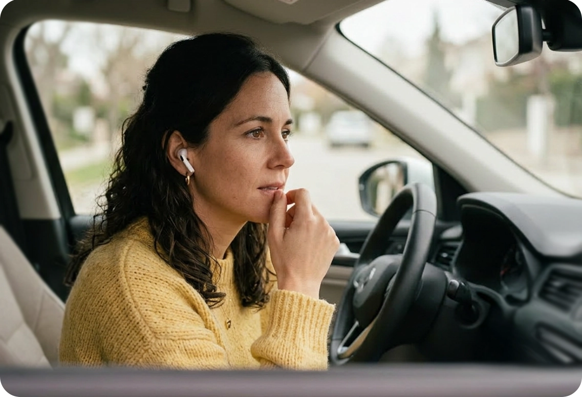 A woman sitting in her car with AirPods, representing the convenience of virtual psychotherapy sessions
           and evidence-based modalities like Cognitive Behavioural Therapy (CBT) and mindfulness-based practices.