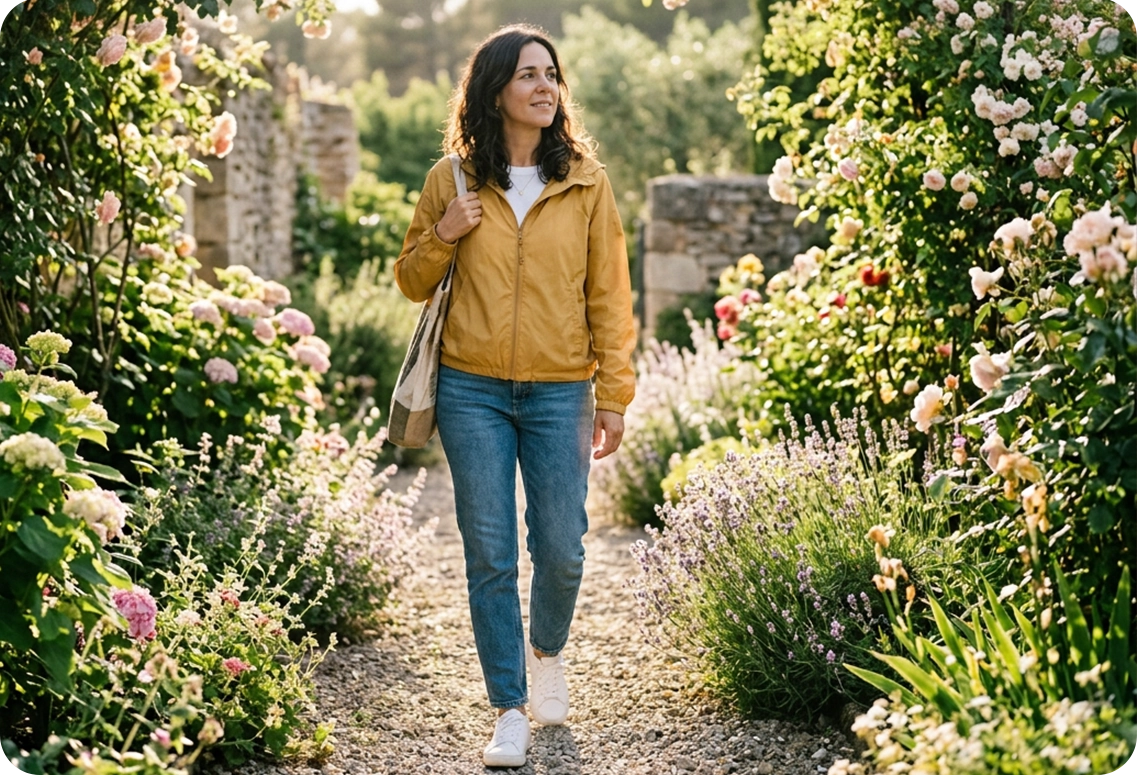 A woman walking through a blooming garden, symbolizing the growth, self-awareness, and mental well-being
           achieved through evidence-based psychotherapy and professional guidance.